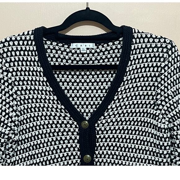 CABI Coco Waffle Knit‎ Cardigan Size L-Black Cream 3/4 Sleeves-Classic Preppy - Picture 3 of 13